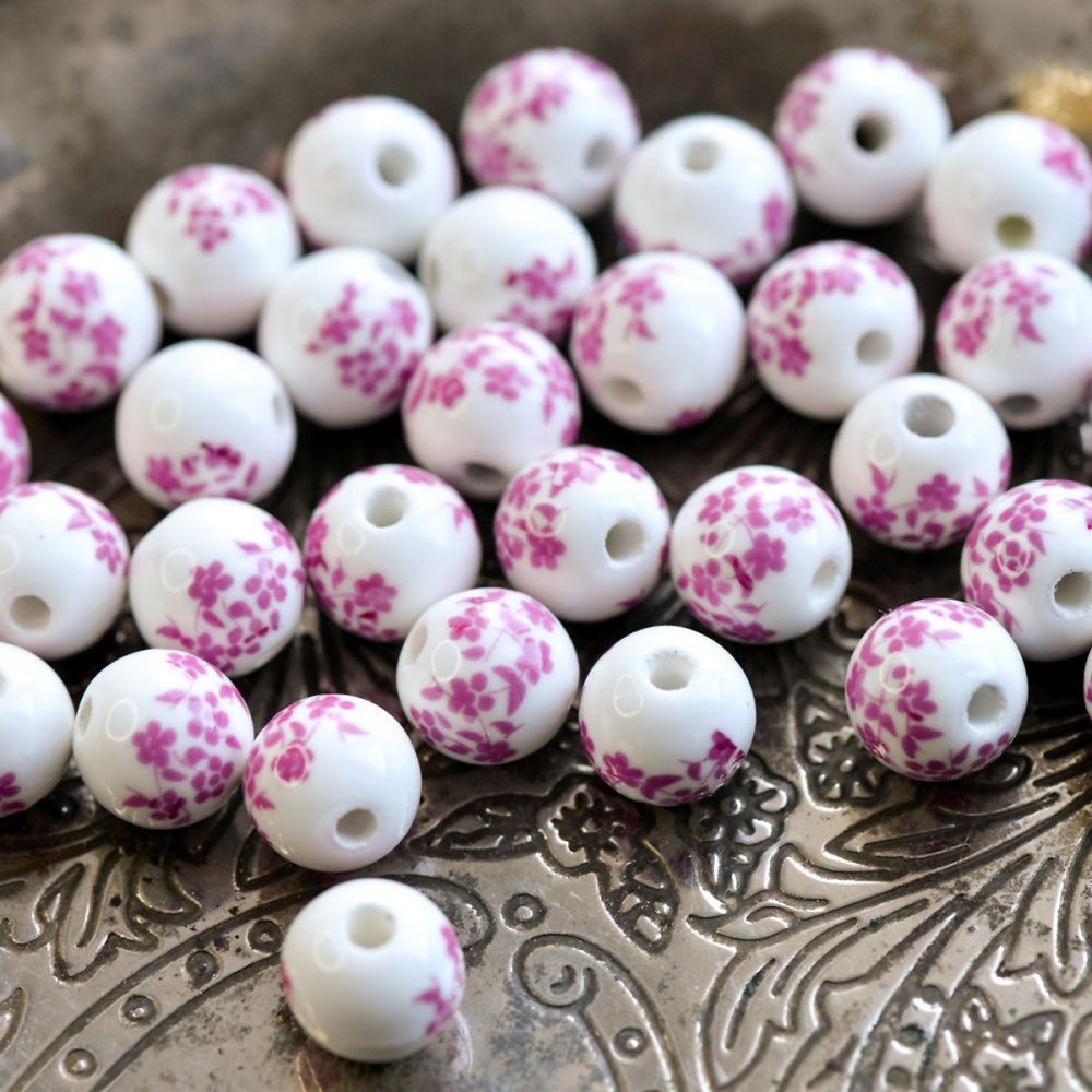 бусина, керамика "сакура", цвет бело-розовый, 10 мм