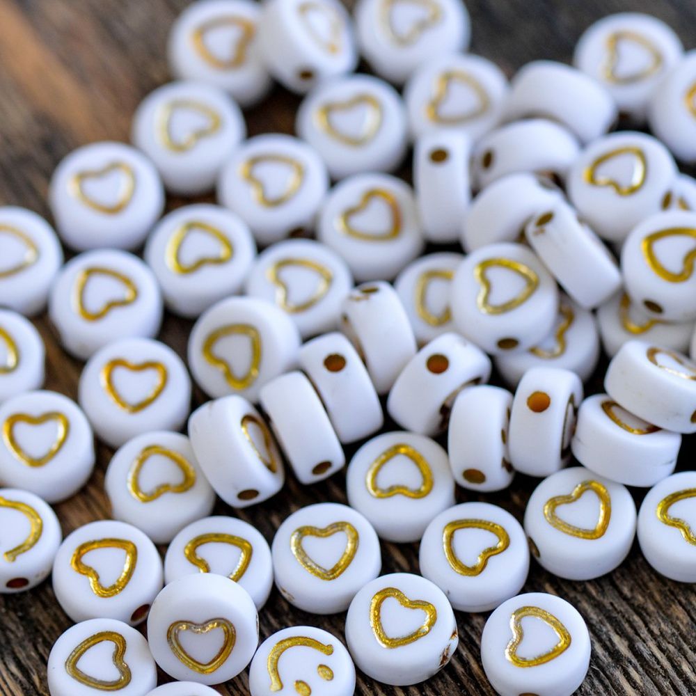 бусина, акрил "сердечко-принт", цвет белый/золото, 7x7x4 мм