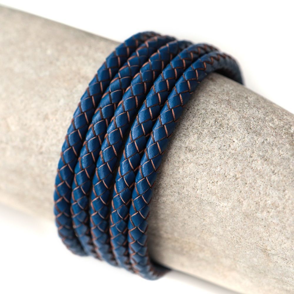 шнур кожаный круглый, плетеный, цвет синий, диаметр 5 мм
