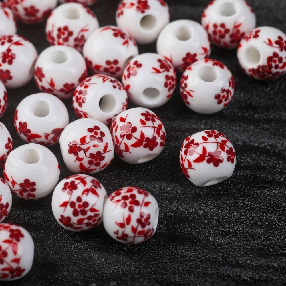 бусина, керамика "сакура", цвет белый/темно-красный, 8 мм