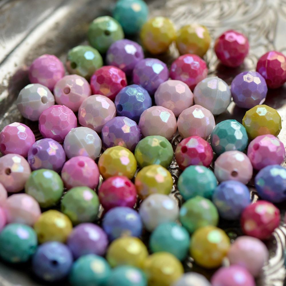 бусина, акрил 10, граненая, цветовой микс пастельный/перламутровый, 10 мм