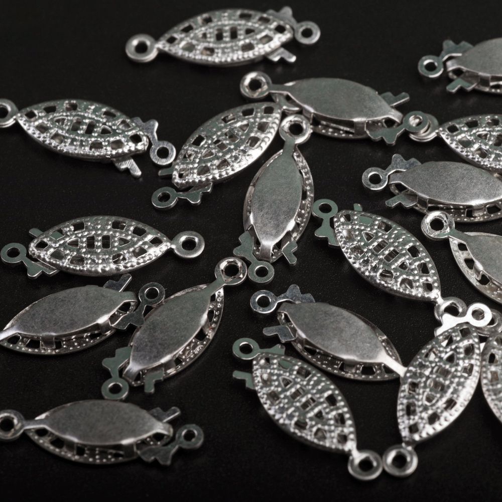 замочек-рыбка для жемчуга, цвет платина, 7x20x2.8 мм