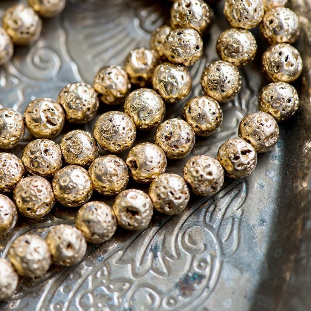 бусина лава натуральная 6, цвет светлое золото металлик, 6 мм