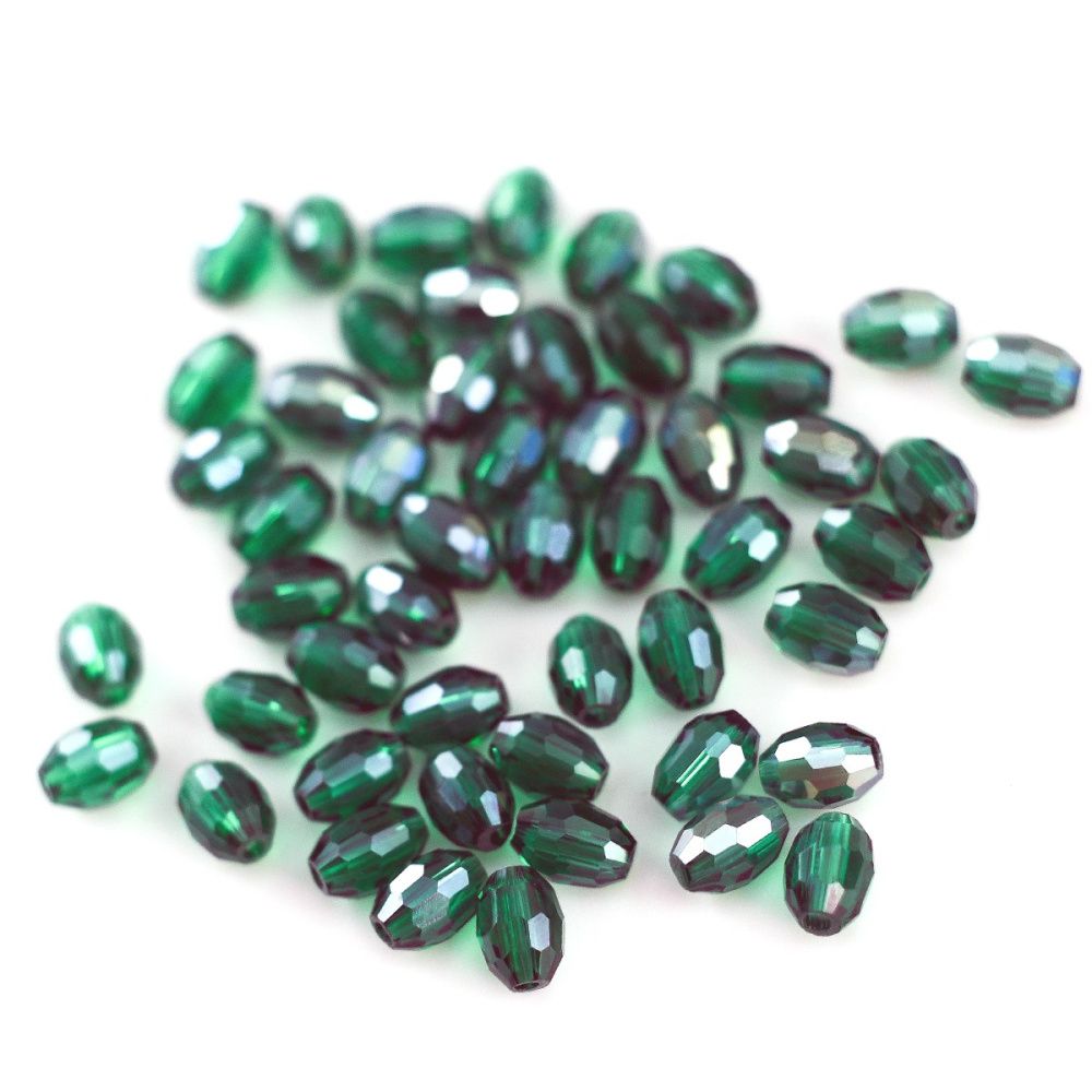 бусина, стекло овальная, граненая, цвет изумрудный ав, 6х4 мм