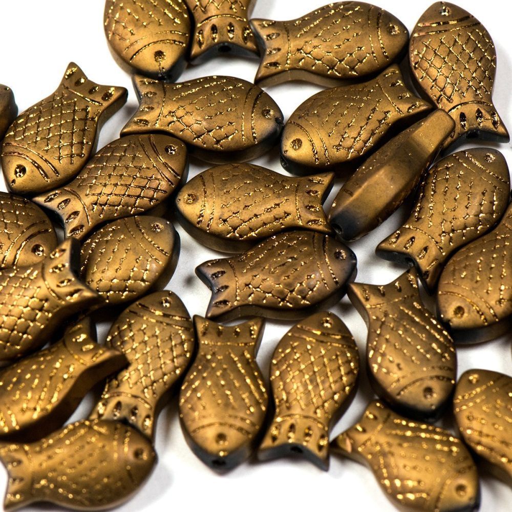 бусина "рыбка", стекло, цвет золотой металлик матовый, 15х8х5 мм