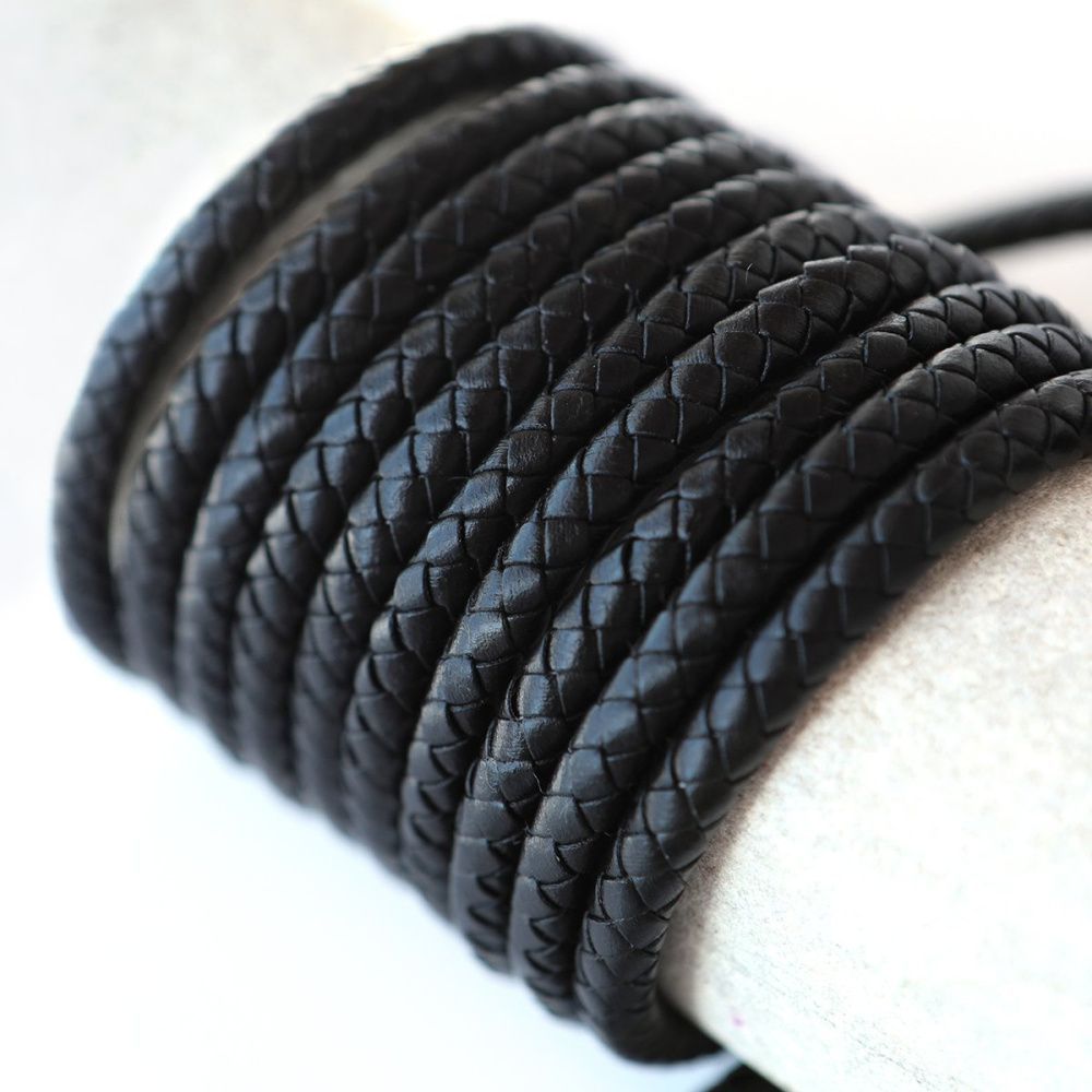 шнур кожаный круглый, плетеный, цвет черный, диаметр 6 мм
