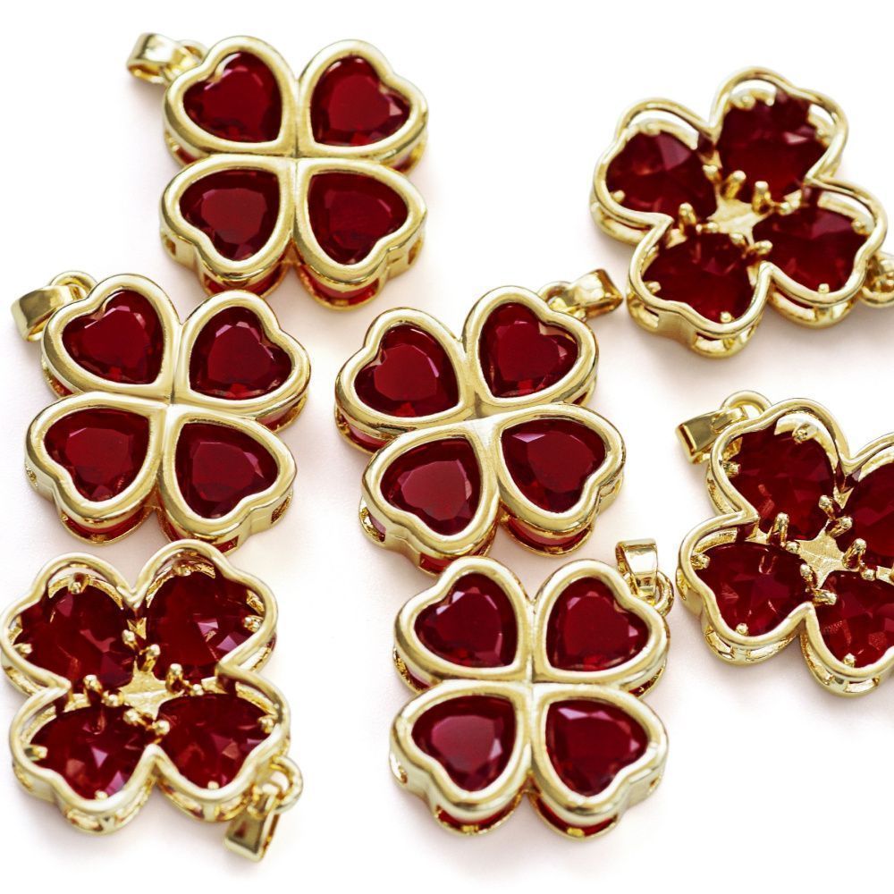 подвеска металл "клевер", красный/позолота, 24x21.5x5.5 мм