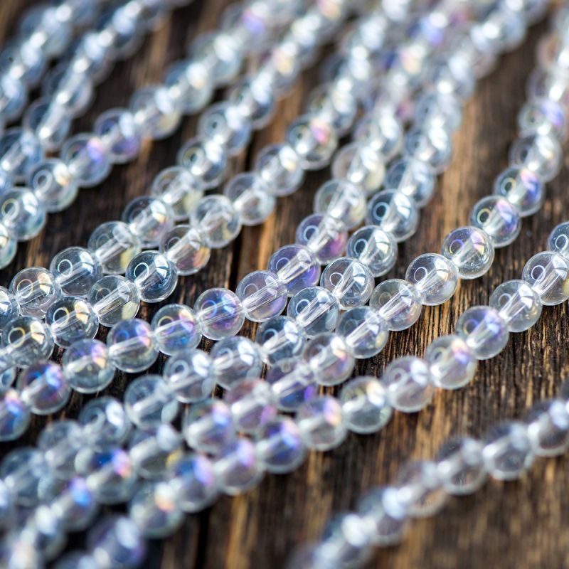 бусина, стекло 6, цвет прозрачный радужный, 6 мм