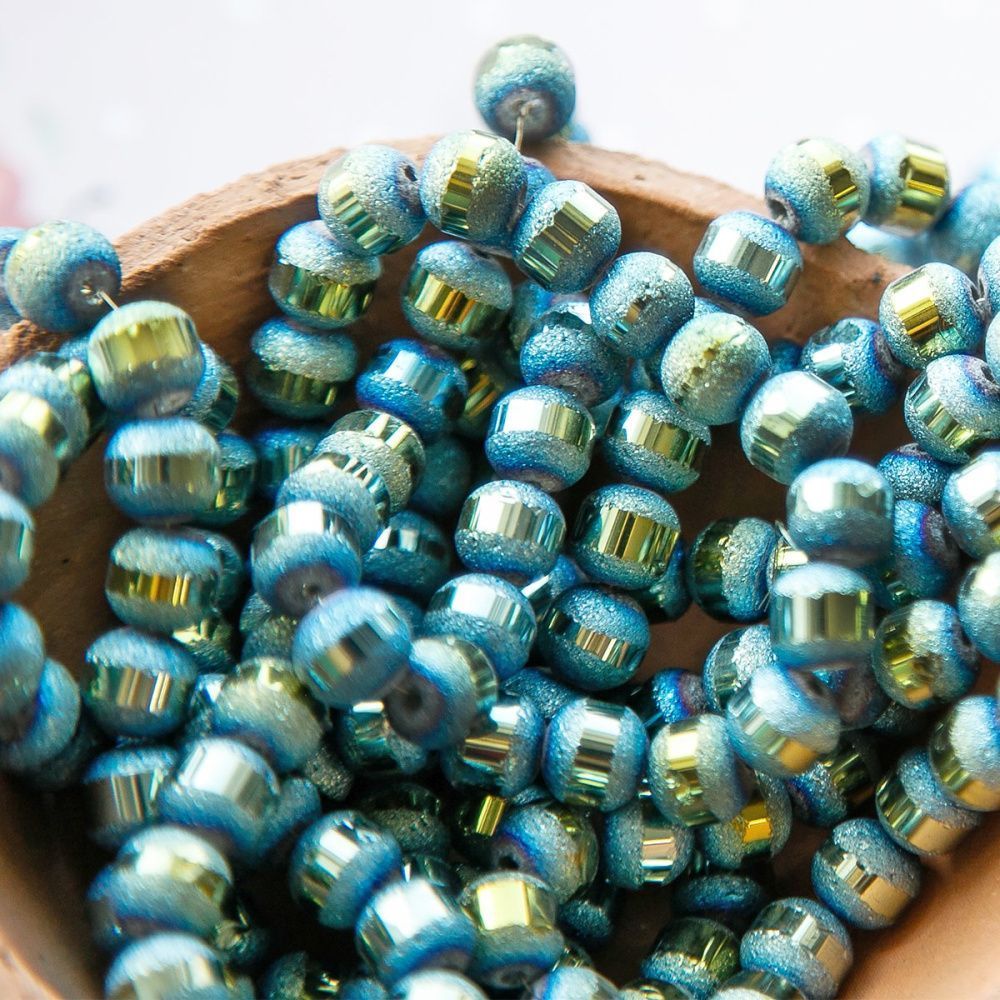 бусина, стекло 8, цвет бирюзовый металлик, 8 мм