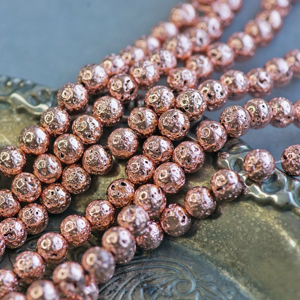 бусина лава натуральная 6, цвет розовое золото металлик, 6 мм