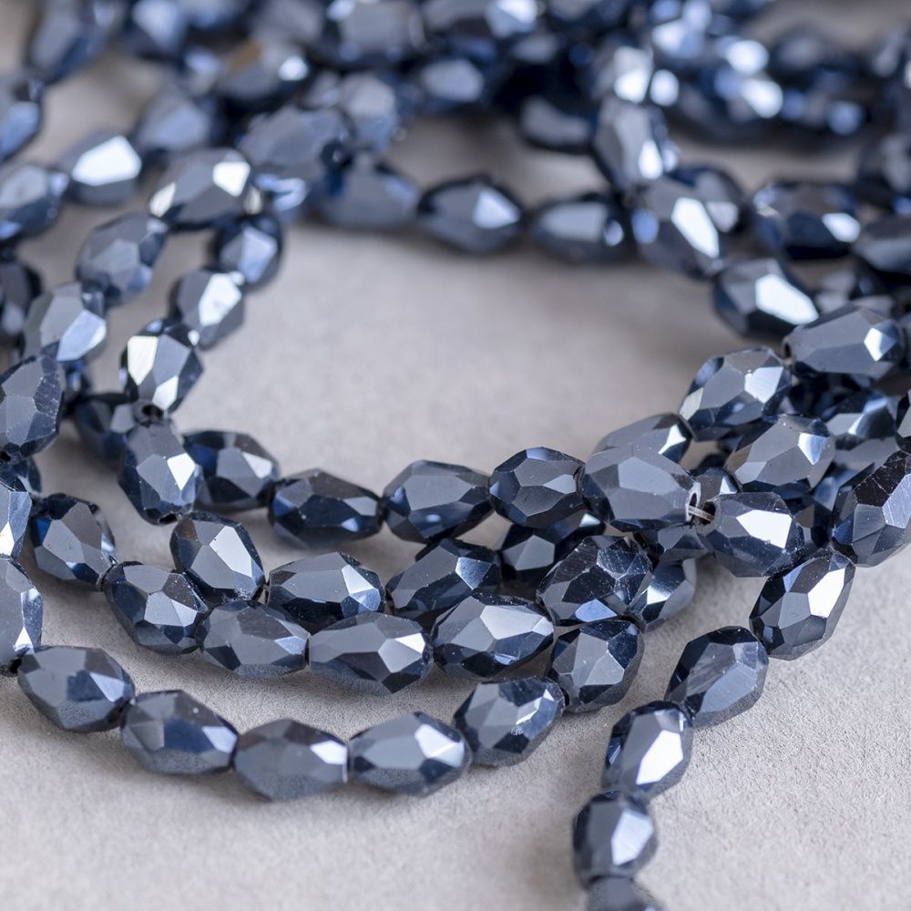 бусина "капля", граненая, стекло, цвет черный радужный, 6х4 мм