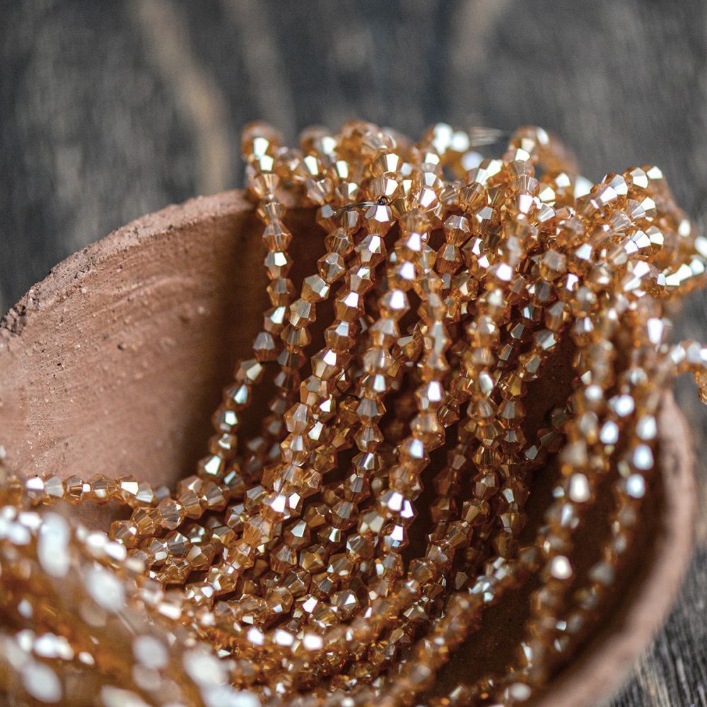 бусина, стекло биконус, цвет охристый бензиновый, 4 мм (уп.30+/-5 шт)