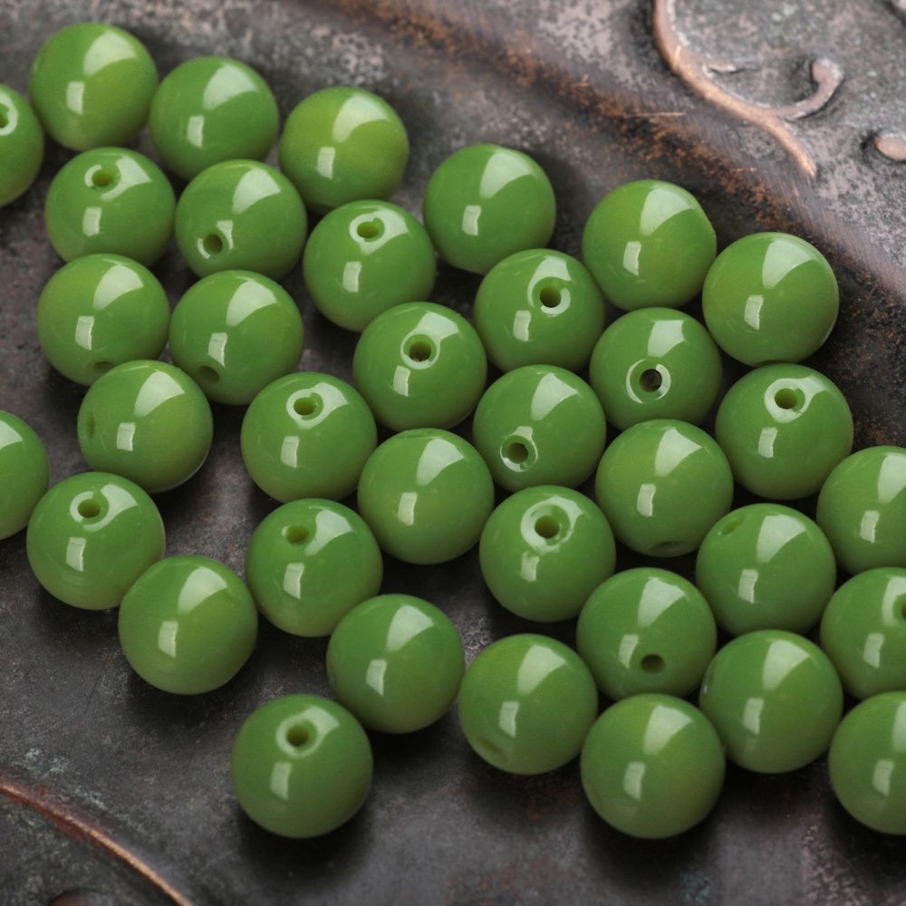 бусина, стекло 10, цвет лайма, 10 мм