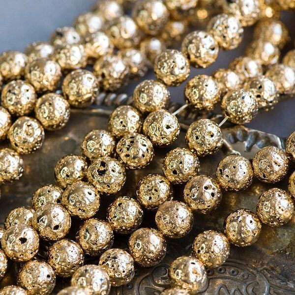 бусина лава натуральная 8, цвет светлое золото металлик, 8 мм