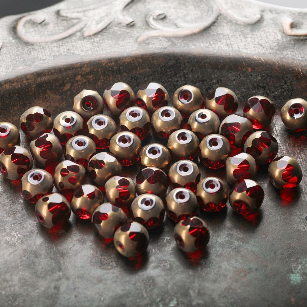 бусина, стекло, граненая, цвет красный/золото, 8 мм