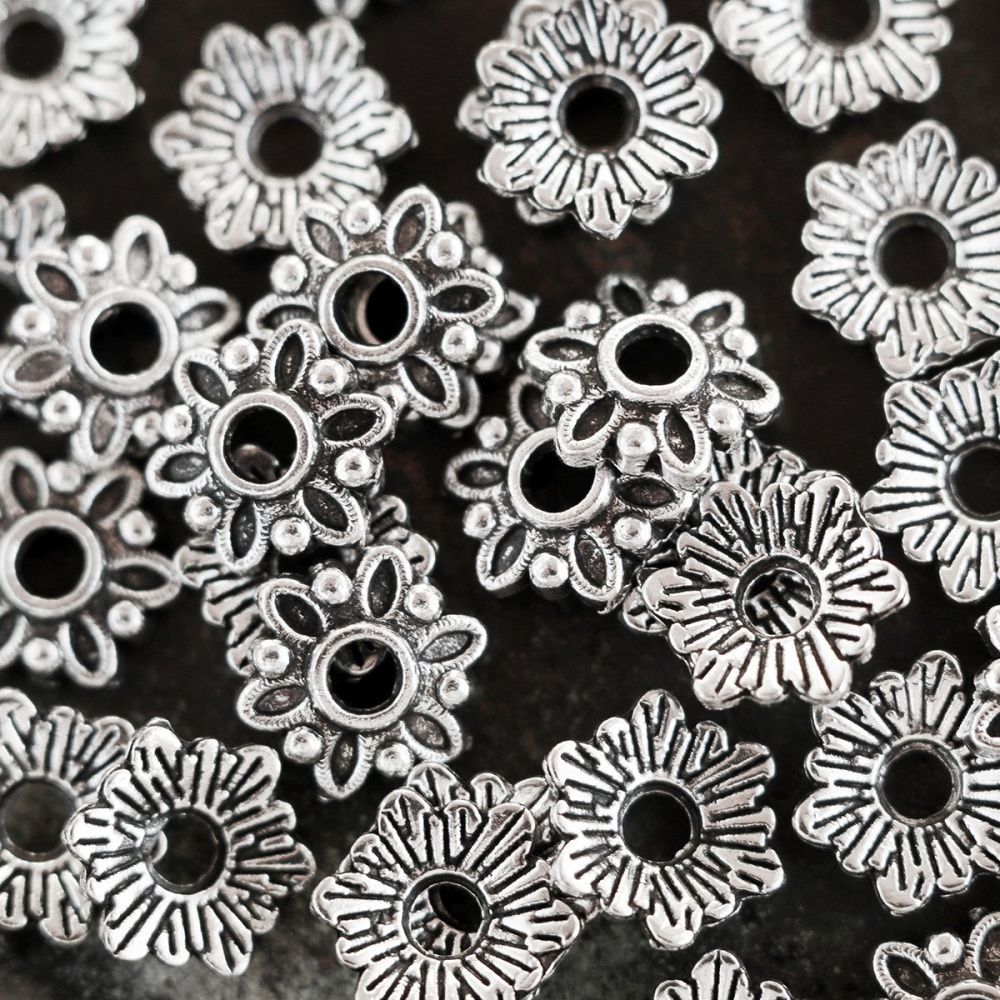 шапочка для бусин "лён", цвет античное серебро, 7x7x2 мм