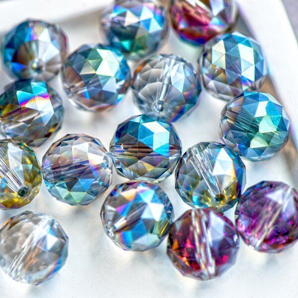 бусина, стекло 14, граненая, цвет прозрачный бензиновый, 14 мм
