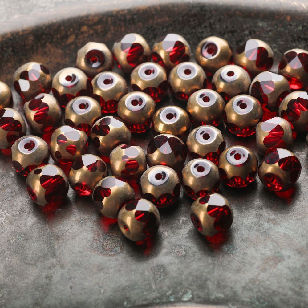 бусина, стекло, граненая, цвет красный/золото, 8 мм