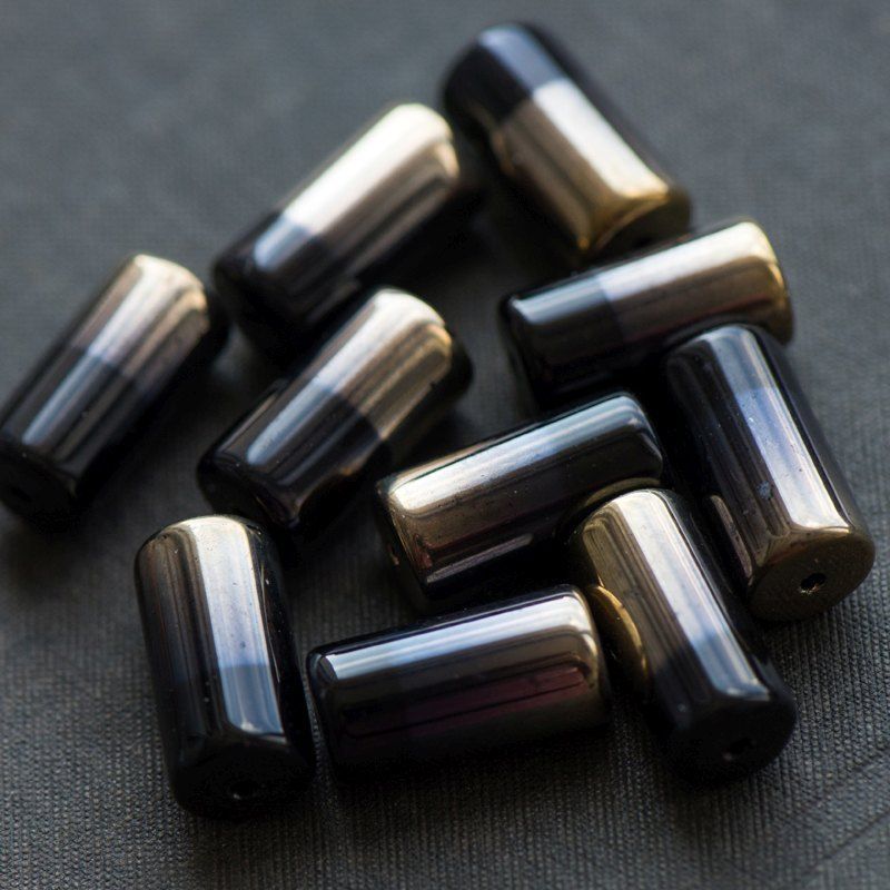 (им)бусина, стекло, "туба", цвет черный/зеркальный, 20x10 мм