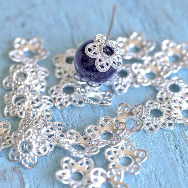 шапочка для бусин "кружево", цвет серебро, 12х11.5х3 мм