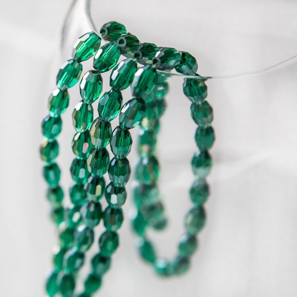 бусина, стекло овальная, граненая, цвет изумрудный ав, 8х6 мм