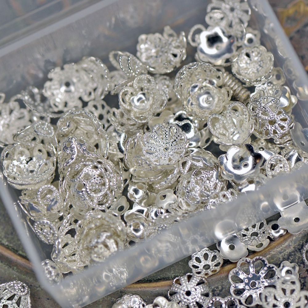 набор шапочек металлических, цв. серебро, в органайзере