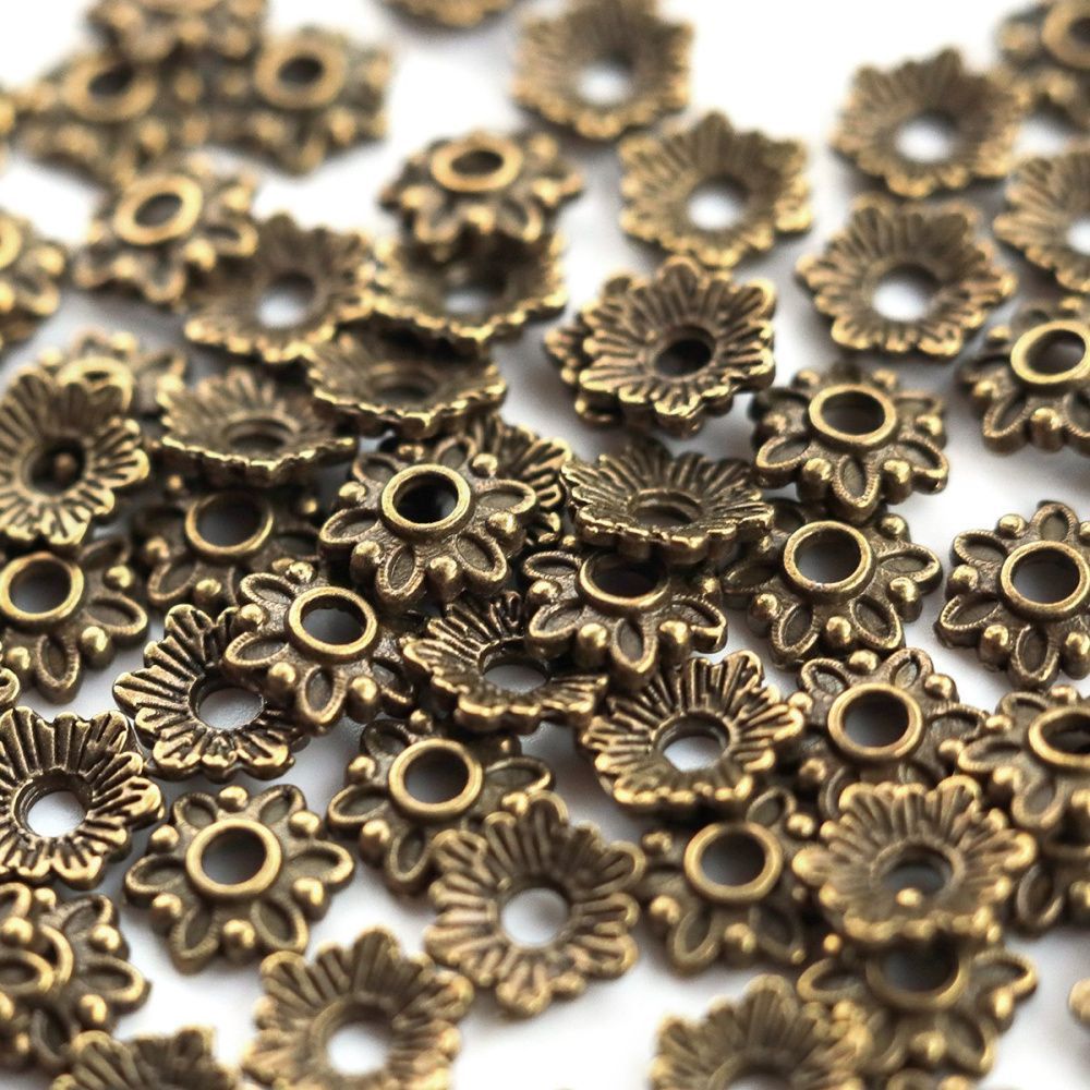 шапочка для бусин "лён", цвет античная бронза, 7x7x2 мм