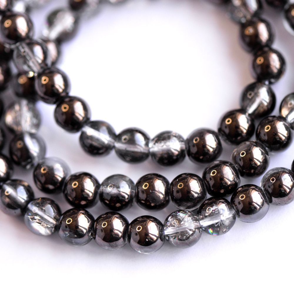 бусина, стекло "кракле", цвет прозрачный/гематитовый, 6 мм