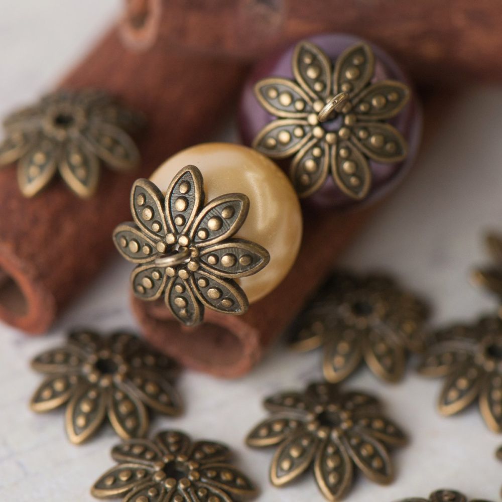 шапочка для бусин "астра", цвет античная бронза, 15х4 мм