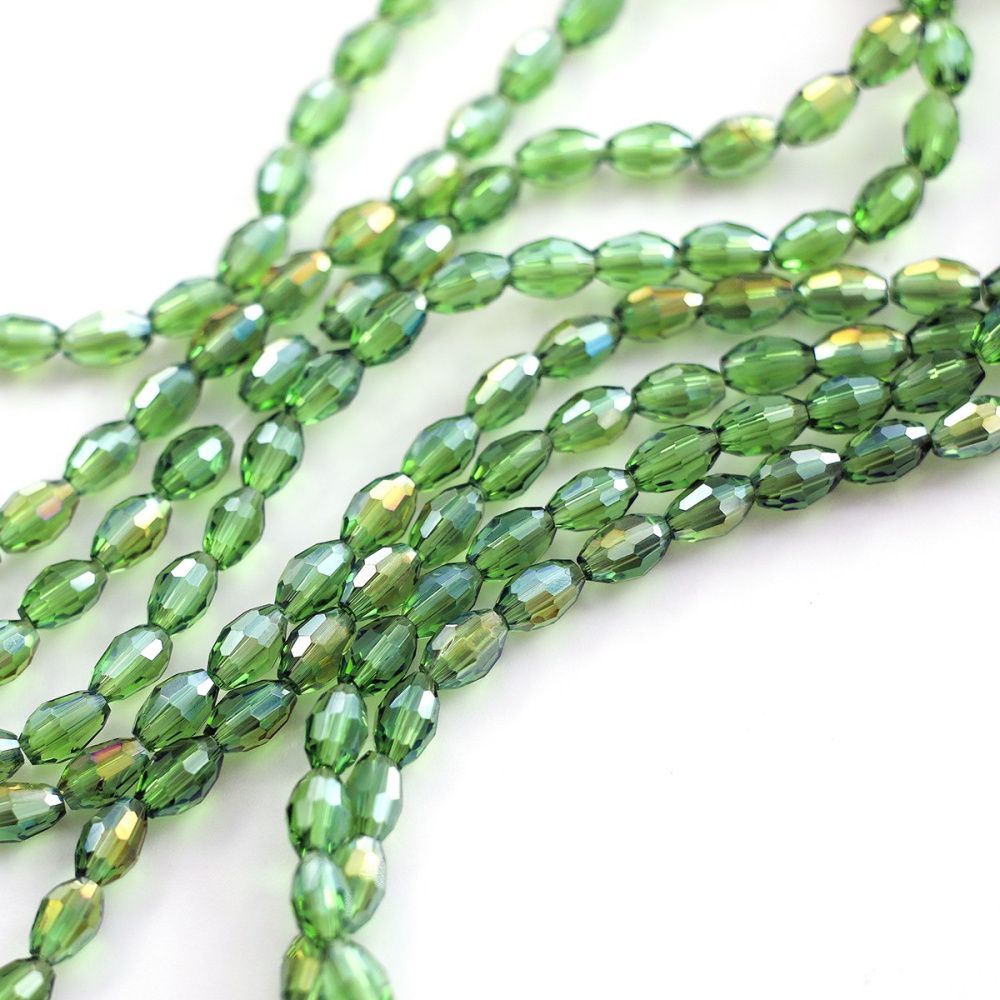 бусина, стекло овальная, граненая, цвет зеленый ав, 6х4 мм