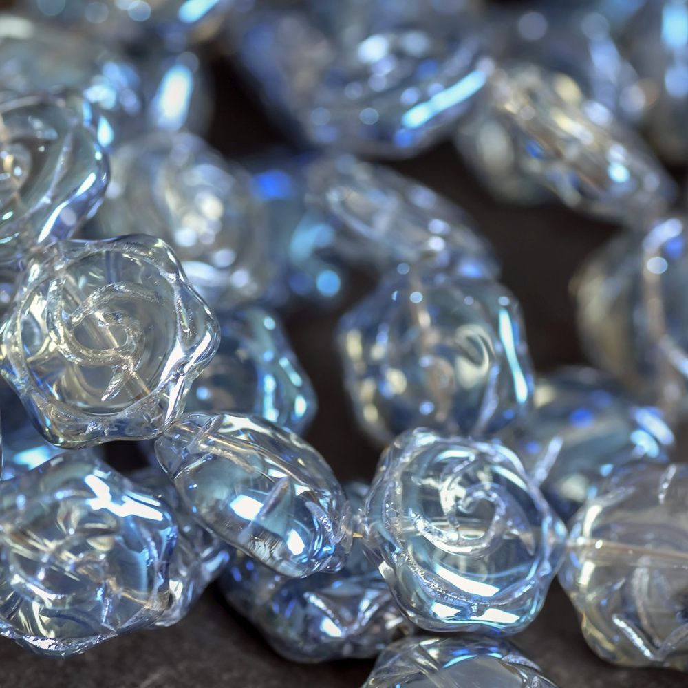 бусина "роза", стекло, цвет голубой радужный, 15.5x14.5x6 мм