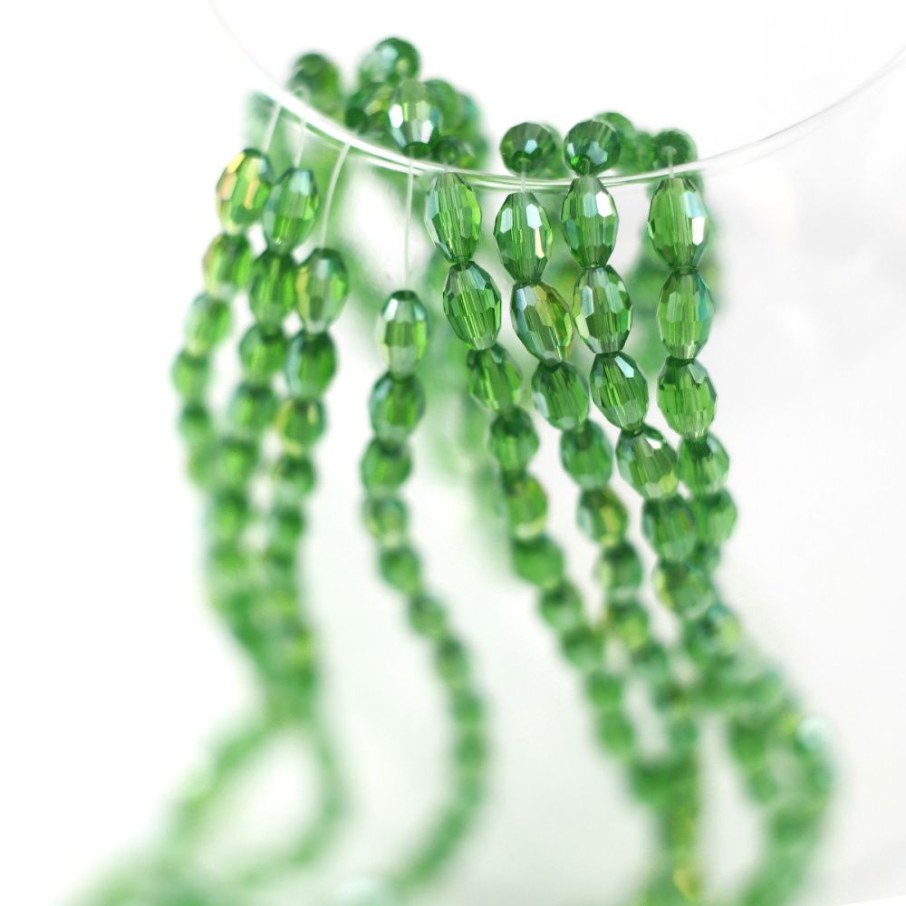 бусина, стекло овальная, граненая, цвет зеленый ав, 6х4 мм