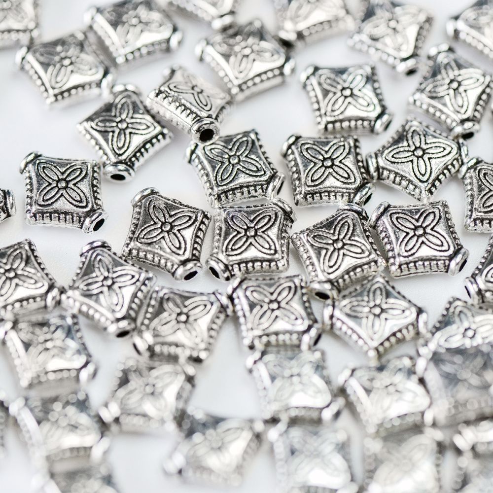 бусина, металл "ромб", цвет античное серебро, 10х9x3 мм