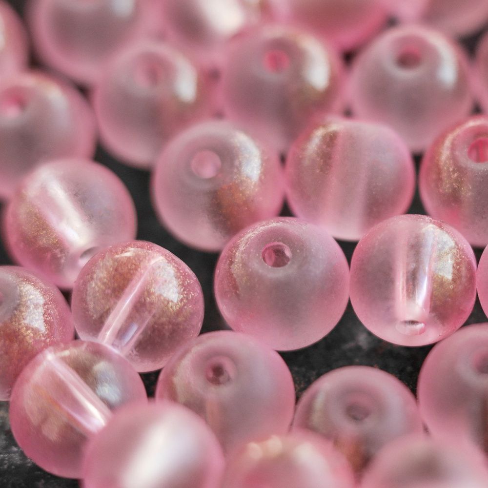 бусина, стекло матовая/золотая пудра, цвет розовый, 8 мм