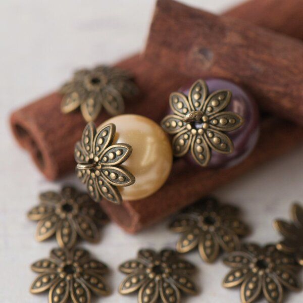 шапочка для бусин "астра", цвет античная бронза, 15х4 мм