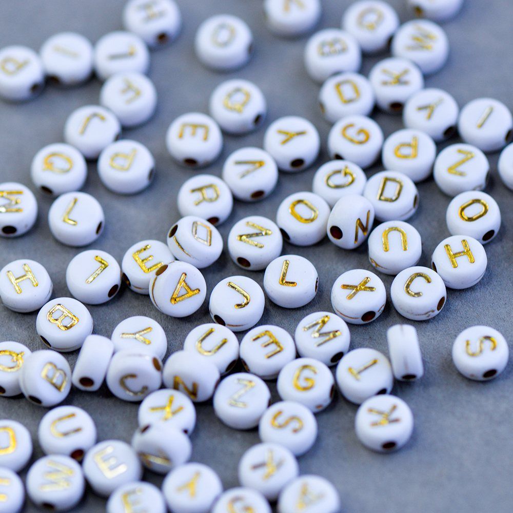 бусина, акрил "алфавит английский", цвет белый/золото, 7x7x4 мм