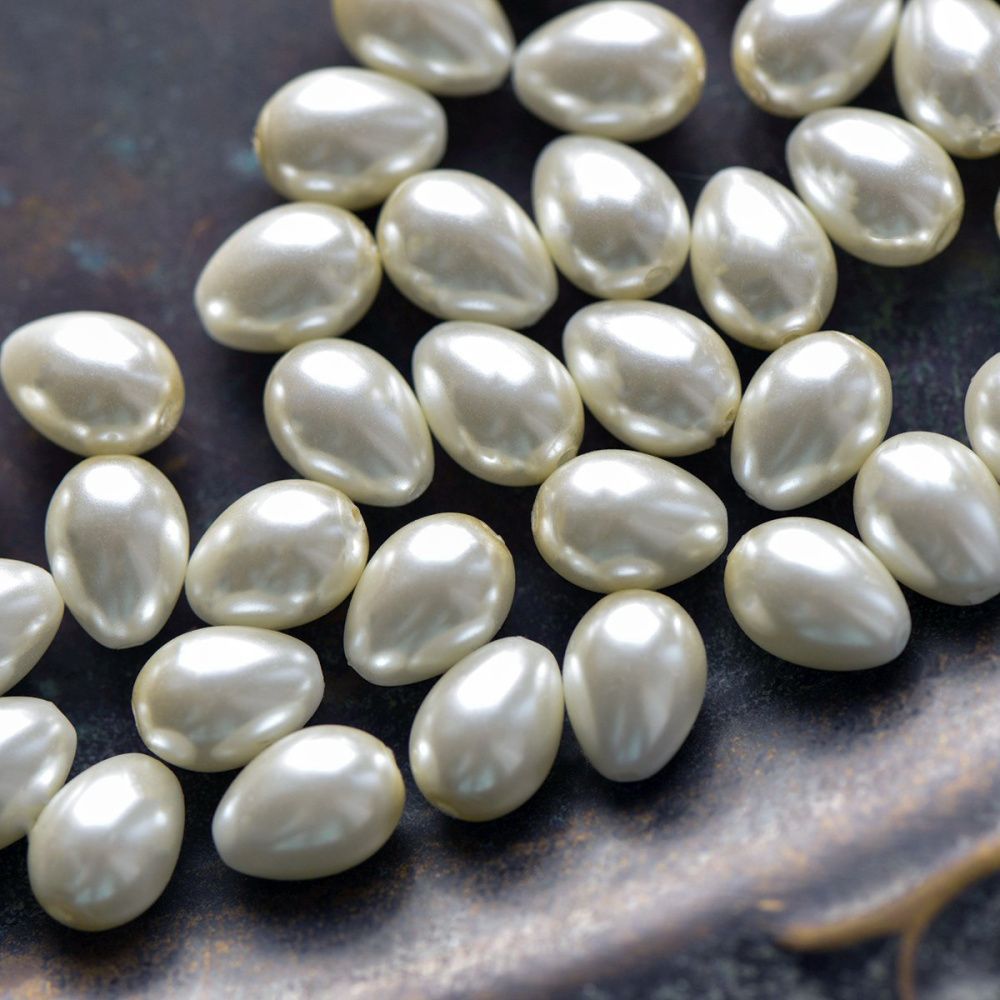 бусина, имитация жемчуга "капля", стекло, цвет молочный, 9х7 мм