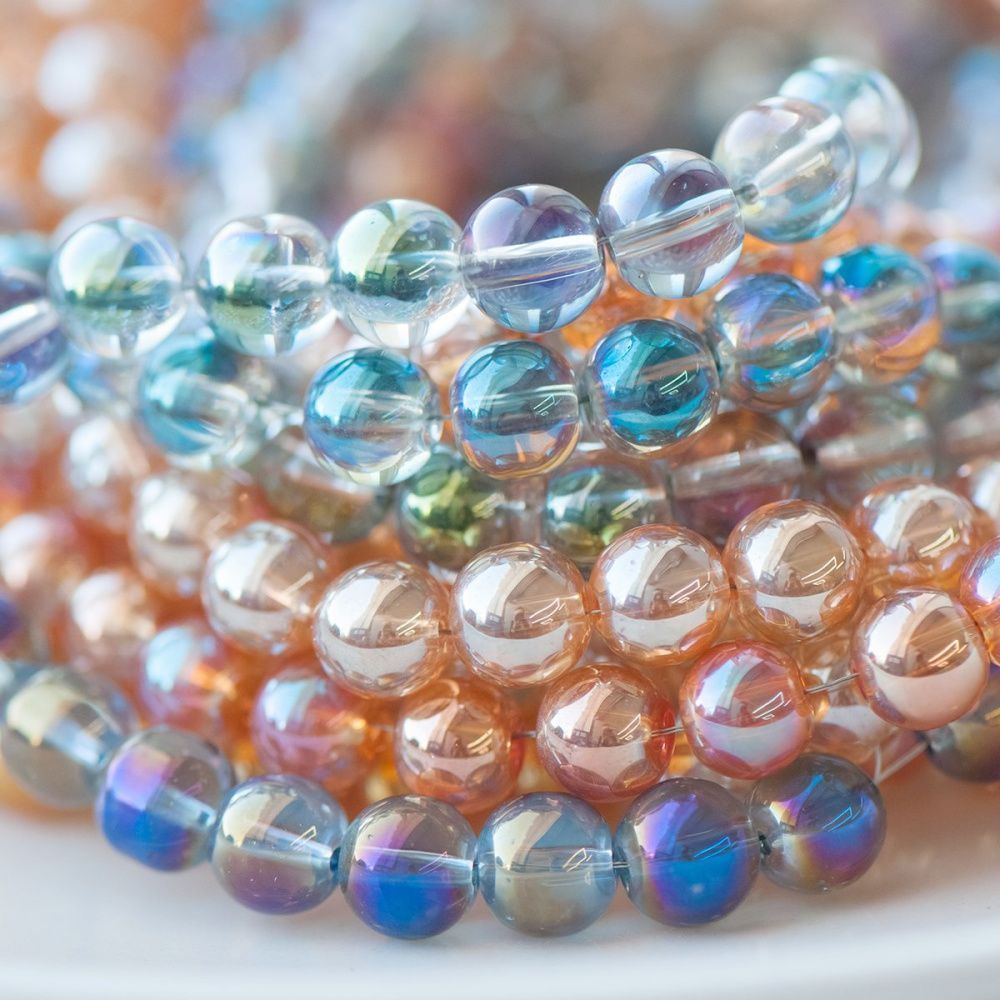 бусина, стекло 8, цветовой микс радужный, 8 мм 
