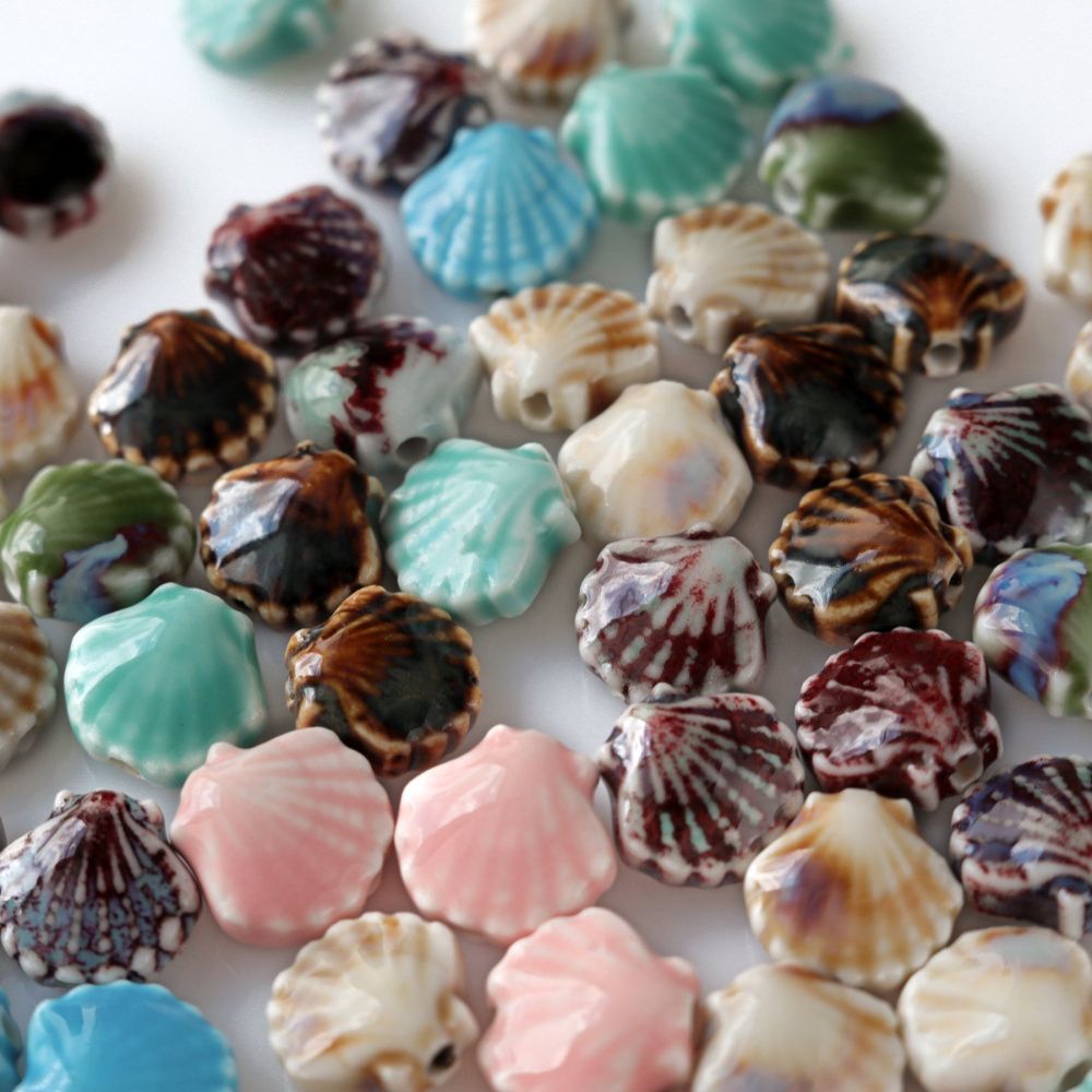 бусина, керамика "ракушка-антик", цветовой микс, 12 мм