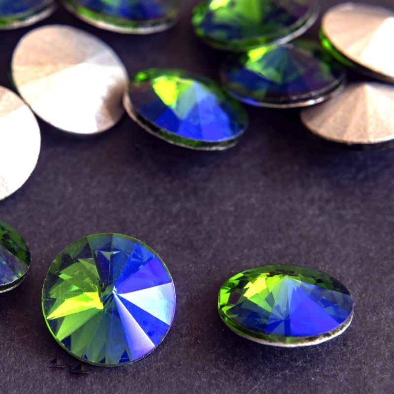 кабошон стекло риволи, цвет сине-зеленый ав, 14х7 мм