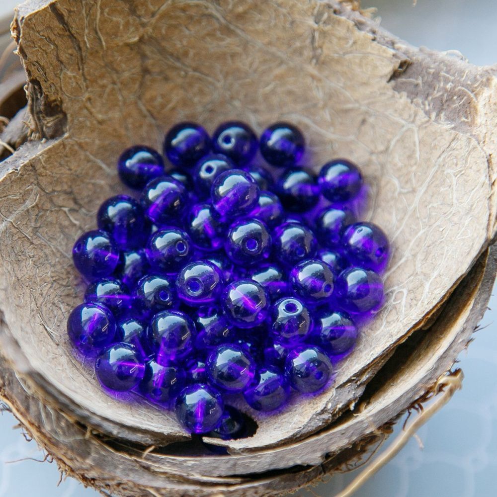бусина, стекло 8, цвет индиго, 8 мм