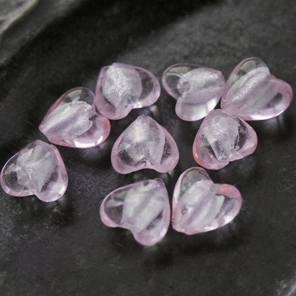 бусина, стекло с фольгой, "сердечко", цвет розовый, 12х12х8 мм