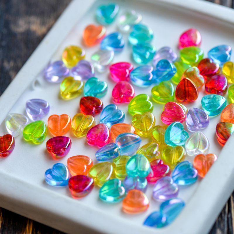 бусина, акрил "радужные сердечки", цветовой микс, 8х8х3 мм