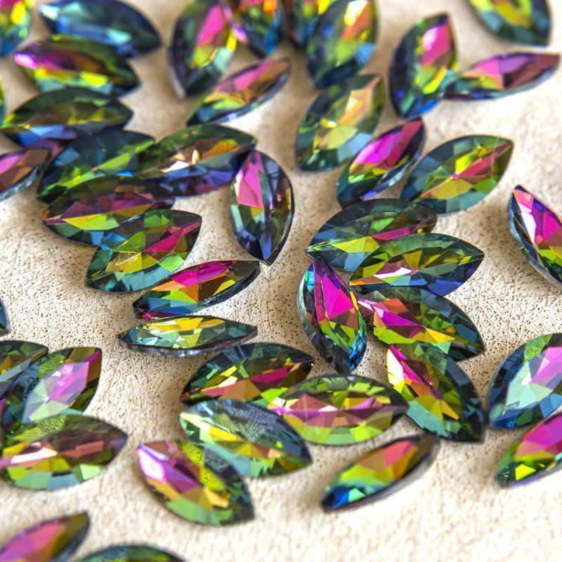 кабошон стекло кристалл, navette, цвет rainbow, 12х6 мм