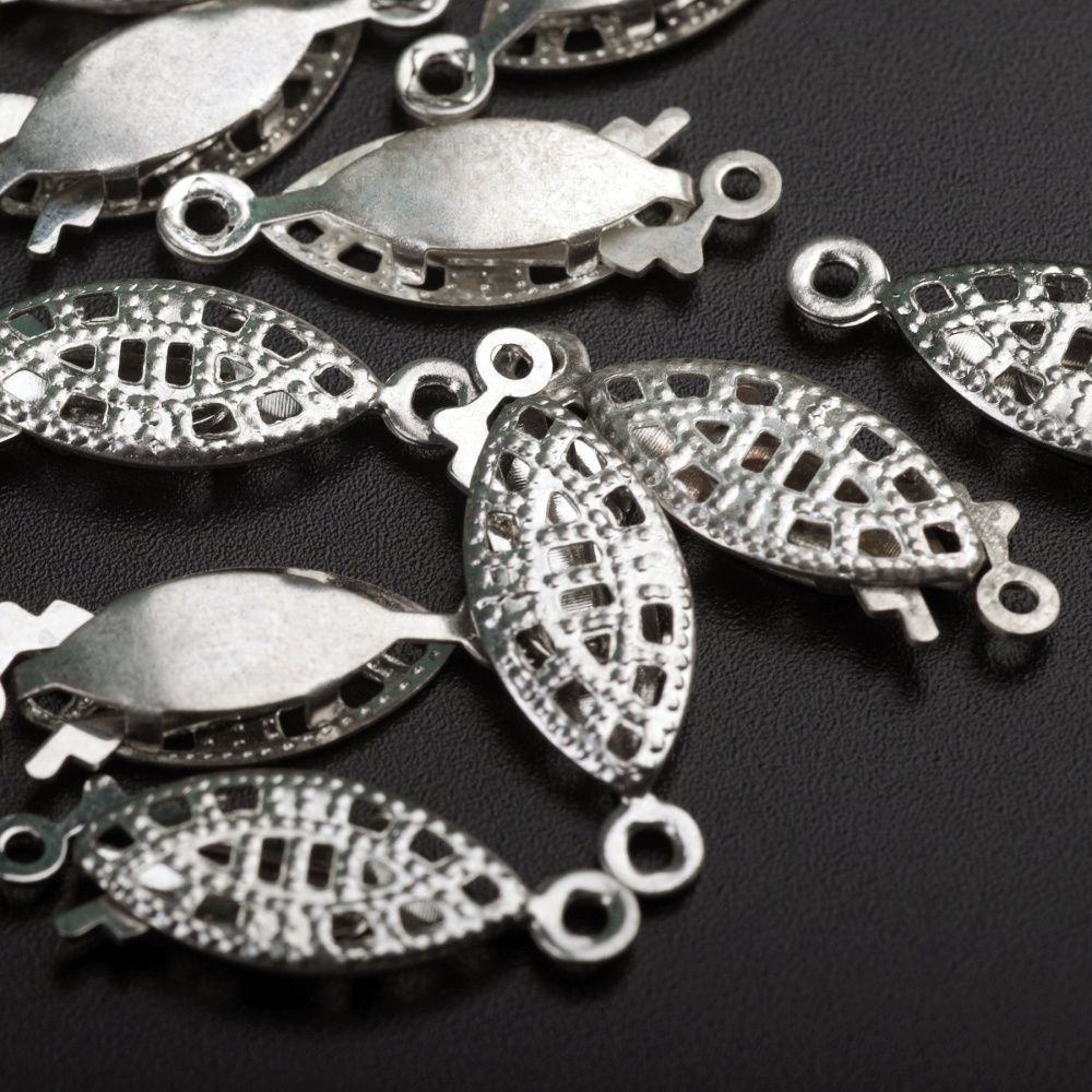 замочек-рыбка для жемчуга, цвет платина, 7x20x2.8 мм