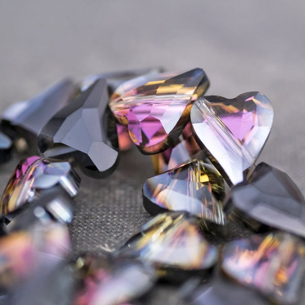 бусина, стекло, "сердечко", граненая, цвет фиолетовый радужный, 17x14x8 мм