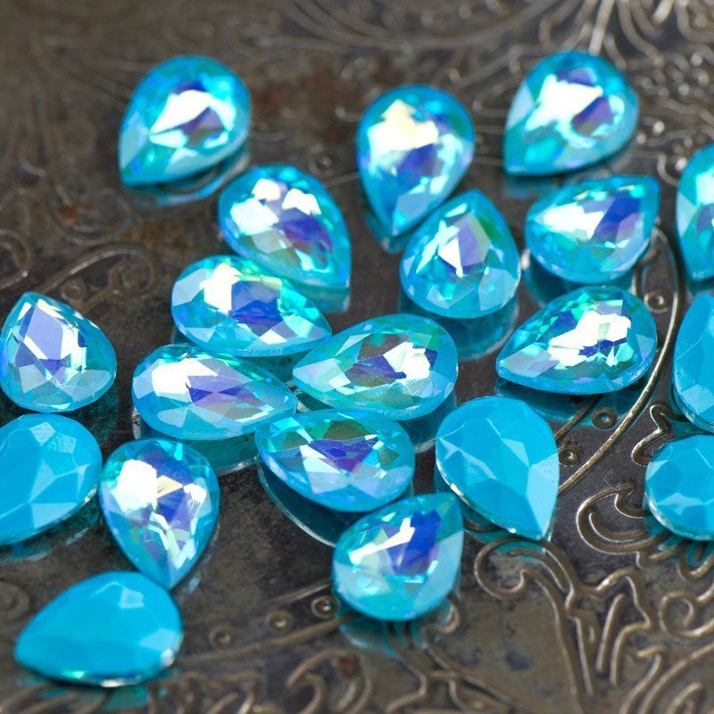 кабошон стекло кристалл, каплевидный, цвет aquamarine shimmer, 14х10 мм