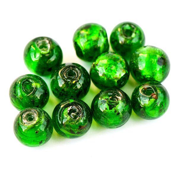 бусина, стекло с фольгой,  цвет зеленый, 12 мм