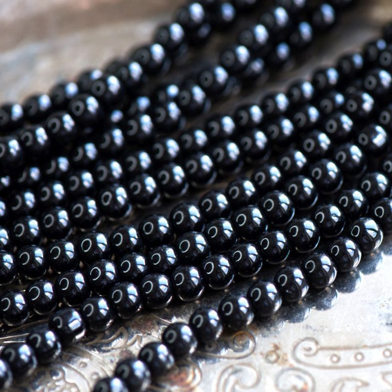 бусина, стекло 6, цвет черный, 6 мм