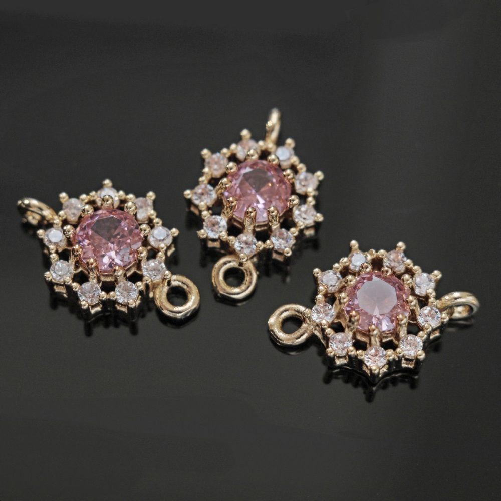 коннектор "блум" со стразами, золото/розовый, 16x11x5 мм